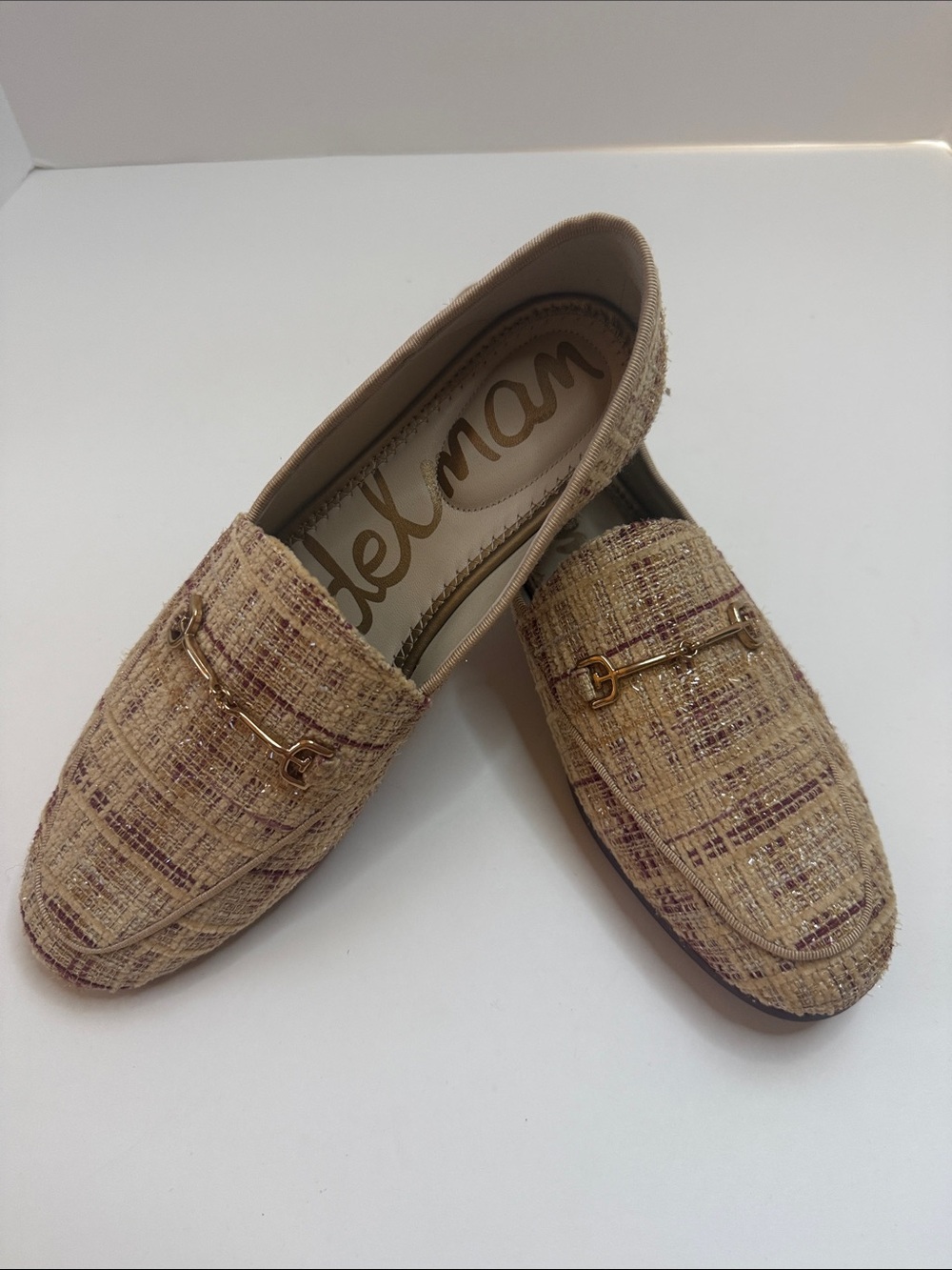 NIB Sam Edelman Tweed Loafers Size 7.5 Gold Accent Textured Plaid Flats - Picture 8 of 10